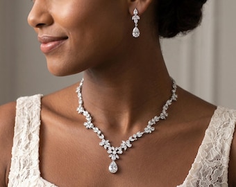 Silver Bridal Jewelry Set for Bride, 16 inches Wedding Necklace, Silver Earring & Necklace for MOB, MOG, Bridesmaid, Guest, Jewelry Gift