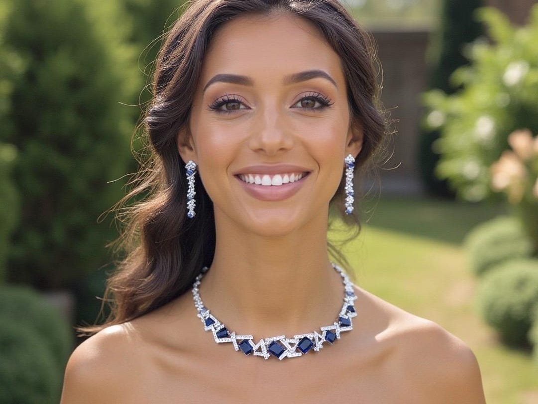 Violette Set Elegant Blue Bridal Jewelry Set, Sparkling Silver Necklace and Earring ...