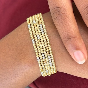 18K Solid Gold Bead Bracelet, 2.6mm Real Gold, Tricolor, White Gold, Rose Gold, Yellow Gold, Diamod Cut Bracelet, Stackable Chain Bracelet.