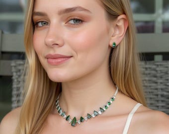 Hermoso conjunto de joyas nupciales de esmeralda, collar de bodas de plata para novias, damas de honor, invitadas de boda, aniversario, regalo de cumpleaños.