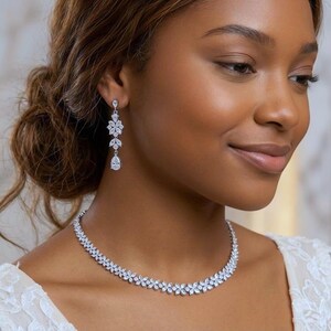 Beautiful Bridal Jewelry Set for Bride, Dainty Necklace & Earring Set, Sparkling Silver Statement Necklace, Wedding Jewelry Set Gift for Her image 12