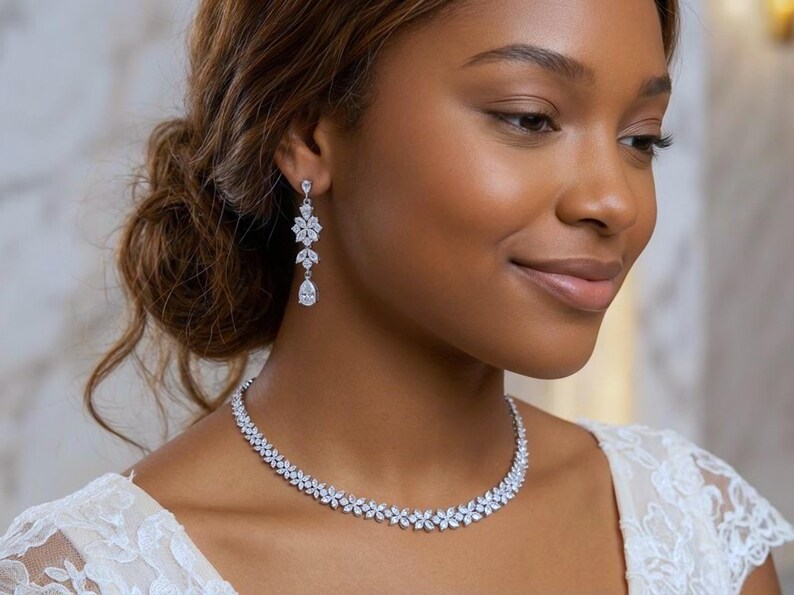 Beautiful Bridal Jewelry Set for Bride, Dainty Necklace & Earring Set, Sparkling Silver Statement Necklace, Wedding Jewelry Set Gift for Her image 12