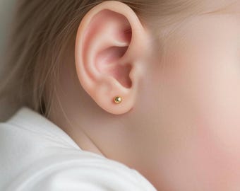18K Solid Gold Ball Stud Earring 3mm, 4mm for Infant, Toddler, Girls, Real 18 Karat 750 Authenticated Jewelry for Women, Golden Ball Earring