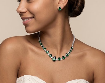 Emerald Green Bridal Jewelry Set, Wedding Earrings and Necklace for Bride, Bridesmaid, Wedding Guest Jewelry Set, Anniversary, Birthday Gift