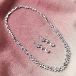 Beautiful Bridal Jewelry Set for Bride, Dainty Necklace & Earring Set, Sparkling Silver Statement Necklace, Wedding Jewelry Set Gift for Her image 8