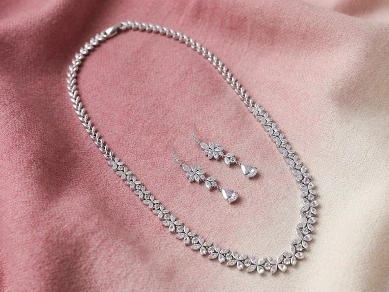 Beautiful Bridal Jewelry Set for Bride, Dainty Necklace & Earring Set, Sparkling Silver Statement Necklace, Wedding Jewelry Set Gift for Her image 8