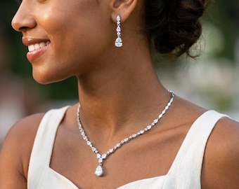Silver Bridal Jewelry Set for Bride, 16 inches Wedding Necklace, Silver Earring & Necklace for MOB, MOG, Bridesmaid, Guest, Jewelry Gift