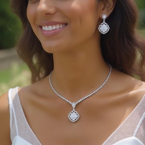 Dainty Bridal Jewelry Set Silver Necklace and Earring Set for Brides Platinum Plated Minimalist Necklace Wedding Jewelry Set Gift for Her