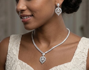 Silver Bridal Jewelry Set, Wedding Necklace and Earring for Bride, Guest, Platinum Plated Necklace Wedding Jewelry Set, Jewelry Gift for Her