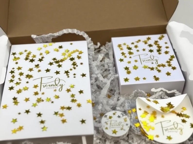 A white box with the words 'Packaging for Multiple Orders' written on it. The box is filled with white tissue paper and two white boxes. The boxes are decorated with gold stars and the words 'Trendy' and 'Free Gift'.
