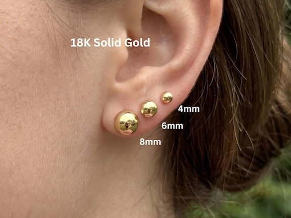 18K Solid Gold Ball Stud Earring, 3mm, 4mm, 5mm, 6mm, 8mm, Real 18 Karat 750 Authenticated Jewelry, Golden Ball Earring, Cute Jewelry Gift
