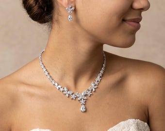 Silver Bridal Jewelry Set for Brides, Platinum Plated CZ Necklace and Earring for Bridesmaid, MOB, MOG, Wedding Guest, Special Event Jewelry