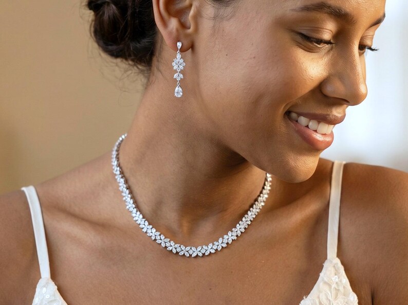 Beautiful Bridal Jewelry Set for Bride, Dainty Necklace & Earring Set, Sparkling Silver Statement Necklace, Wedding Jewelry Set Gift for Her image 5