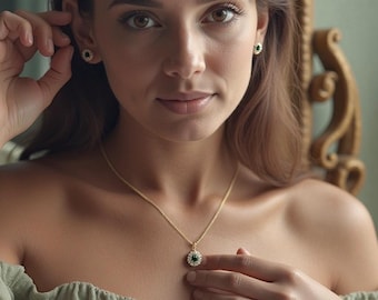 Dainty Emerald Necklace Earring Pendant Set with personalized Message, Custom note Dainty Pendant Necklace for Wife, Jewelry Gift for Her