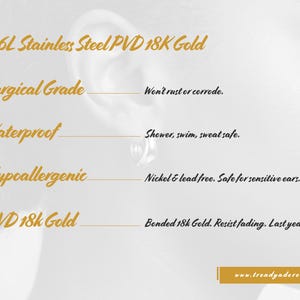 May include: A gold-colored hoop earring worn in an earlobe, accompanied by text detailing features: 316L Stainless Steel PVD 18K Gold, Surgical Grade, Waterproof, Hypoallergenic, and PVD 18K Gold. The text includes specific care and material notes.