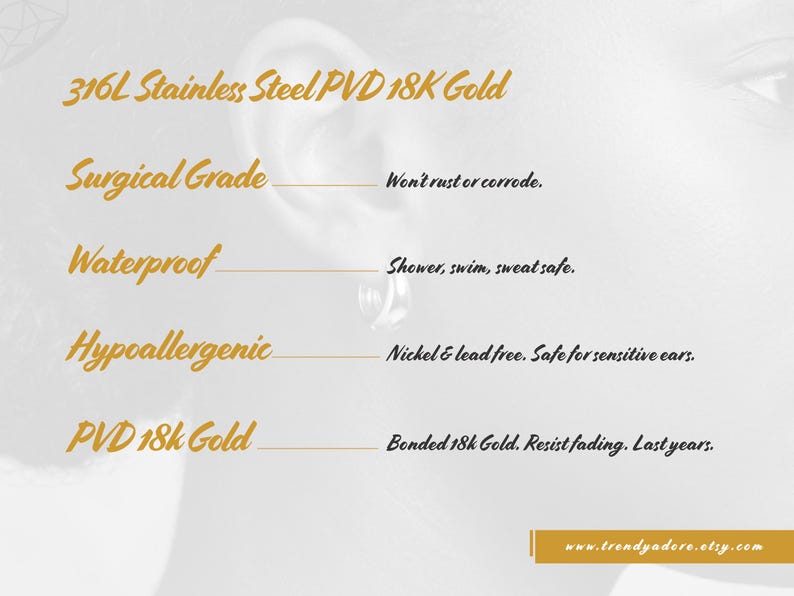 May include: A gold-colored hoop earring worn in an earlobe, accompanied by text detailing features: 316L Stainless Steel PVD 18K Gold, Surgical Grade, Waterproof, Hypoallergenic, and PVD 18K Gold. The text includes specific care and material notes.