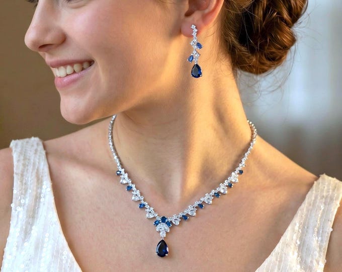 Bridal Blue Saphire Necklace and Earring Set, Bridal Jewelry Set, Necklace Set for Brides, MOB MOG Wedding Jewelry Set, Jewelry Gift for Her