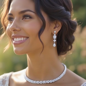 Hermoso conjunto de joyas nupciales para novia, delicado conjunto de collar y aretes, collar llamativo de plata brillante, conjunto de joyas de boda, regalo para ella