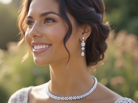 Beautiful Bridal Jewelry Set for Bride, Dainty Necklace & Earring Set, Sparkling Silver Statement Necklace, Wedding Jewelry Set Gift for Her