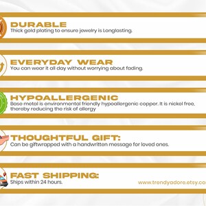 Gold filled jewelry, 'Minimum of 3 micron gold layer thickness ensures long use.'  'Durable', 'Jewelry will last for years.'  'Giftable', 'Can be gift wrapped with hand written message to loved one in a wax sealed envelope for a classy and luxury feel.'  'Everyday wear', 'Can be used safely to shower or bath because it is water resistant and non-tarnish.'  'Hypoallergenic', It is nickel free, thereby reducing the risk of allergy.' Ships within 24 hours.