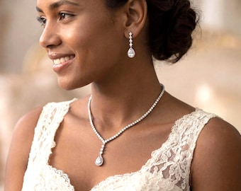 Dainty Teardrop Bridal Jewelry Set, 16.7 Inches Silver Necklace for Brides Jewelry Silver Set Bridesmaids Jewelry wedding Jewelry Set