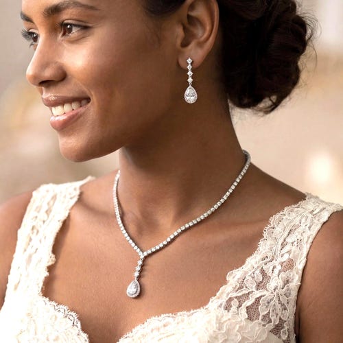 Dainty Teardrop Bridal Jewelry Set, 16.7 Inches Silver Necklace for Brides Jewelry Silver Set Bridesmaids Jewelry wedding Jewelry Set