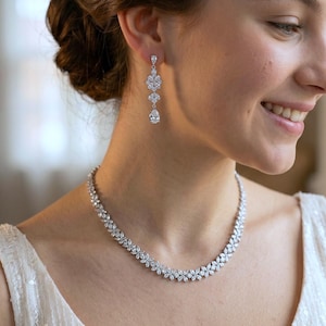 Beautiful Bridal Jewelry Set for Bride, Dainty Necklace & Earring Set, Sparkling Silver Statement Necklace, Wedding Jewelry Set Gift for Her image 11
