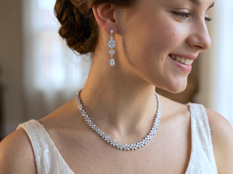 Beautiful Bridal Jewelry Set for Bride, Dainty Necklace & Earring Set, Sparkling Silver Statement Necklace, Wedding Jewelry Set Gift for Her image 11