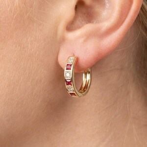 Gold Huggie Hoop Earring for Women, Girls, Teens with Sensitive Ear, Red & Clear CZ Earring, Longlasting Hypoallergenic Jewelry Gift for Her