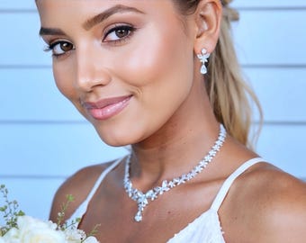 Elegante set di gioielli da sposa, collana e orecchini in argento per la sposa, collana importante placcata in platino, set di gioielli da sposa, regalo per lei