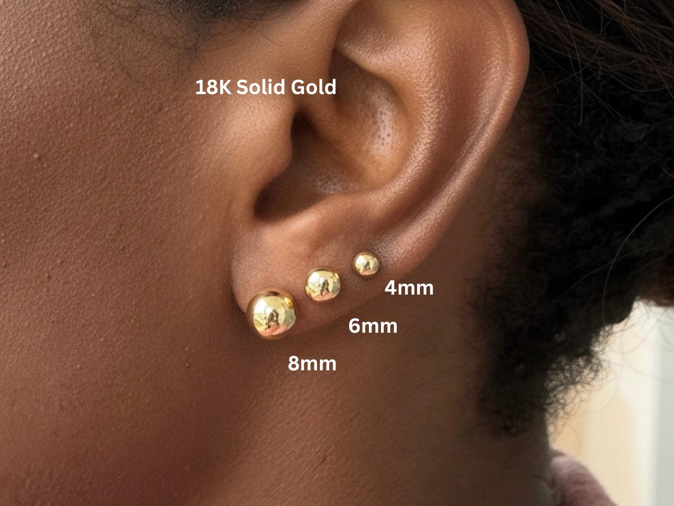 18Kソリッドゴールドボールスタッドピアス、3mm、4mm、5mm、6mm、8mm 