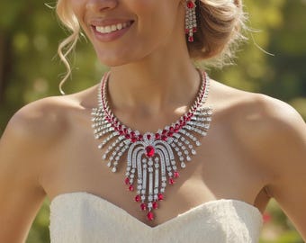 Handcrafted Red Stone Bridal Jewelry Set: Silver-plated  display picture 3