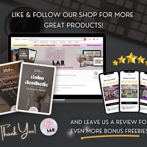 K&ouml;nnte beinhalten: Werbebild f&uuml;r einen Etsy-Shop mit einem Laptop, der den Shop zeigt, Tablets mit Faceless Reels und Smartphones mit Kundenbewertungen. Der Text enth&auml;lt "Like & Follow Our Shop" und "Thank You!" f&uuml;r weitere Produkte.