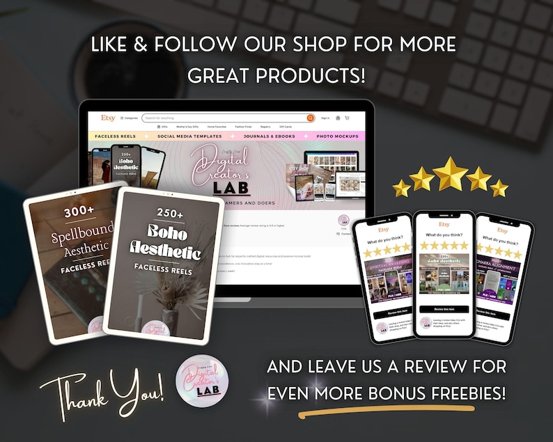 K&ouml;nnte beinhalten: Werbebild f&uuml;r einen Etsy-Shop mit einem Laptop, der den Shop zeigt, Tablets mit Faceless Reels und Smartphones mit Kundenbewertungen. Der Text enth&auml;lt "Like & Follow Our Shop" und "Thank You!" f&uuml;r weitere Produkte.