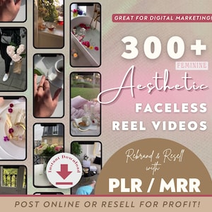 Puede incluir: Un collage de imágenes que promocionan una colección de más de 300 videos de carretes estéticos femeninos sin rostro. El texto "Rebrand & Resell with PLR/MRR" aparece en la imagen. La imagen también incluye iconos de redes sociales para YouTube, Instagram, Pinterest y TikTok.