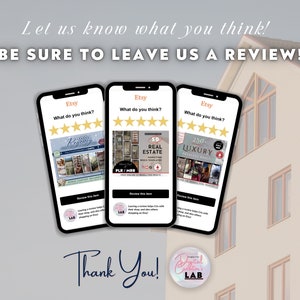 May include: Three mobile phone screens displaying Etsy listings with five-star reviews and the text "What do you think?" The listings are for digital products, including a "100% Royalty Free" product, a "50 Real Estate Marketing Web Templates" product, and a "250+ Luxury Business Cards" product. The text "Thank You!" is below the phones, and a logo for "Digital Creators Lab" is below the text.