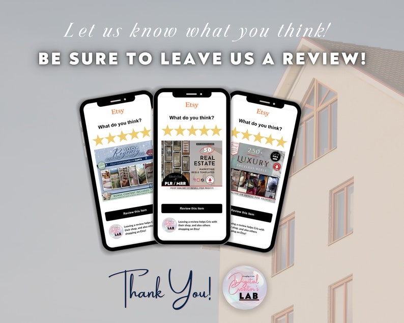 May include: Three mobile phone screens displaying Etsy listings with five-star reviews and the text "What do you think?" The listings are for digital products, including a "100% Royalty Free" product, a "50 Real Estate Marketing Web Templates" product, and a "250+ Luxury Business Cards" product. The text "Thank You!" is below the phones, and a logo for "Digital Creators Lab" is below the text.