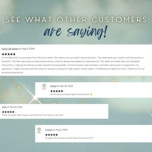 May include: Image featuring customer reviews with a teal and gold background. The text "SEE WHAT OTHER CUSTOMERS are saying!" is at the top. Reviews include dates, usernames, and five-star ratings, with positive comments about the product and seller.