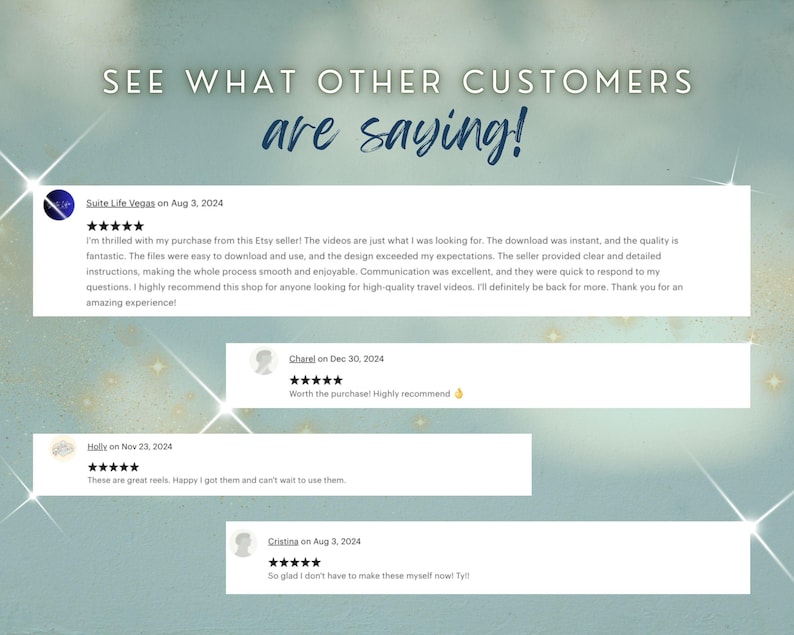 May include: Image featuring customer reviews with a teal and gold background. The text "SEE WHAT OTHER CUSTOMERS are saying!" is at the top. Reviews include dates, usernames, and five-star ratings, with positive comments about the product and seller.