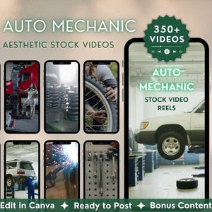May include: A promotional image for auto mechanic stock video reels. The image features a series of smartphone screens displaying various auto repair scenes, including car maintenance, tire repair, and welding. Text on the image reads "Auto Mechanic" and "Aesthetic Stock Videos."