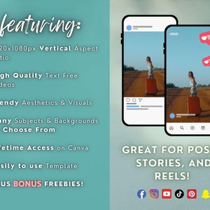 May include: A teal graphic with the word "featuring" in a script font. Bullet points list features like a 1920x1080px vertical aspect ratio, high-quality text-free videos, and trendy visuals. Two phone mockups show a person with a suitcase. Text reads "Great for posts, stories, and reels!"