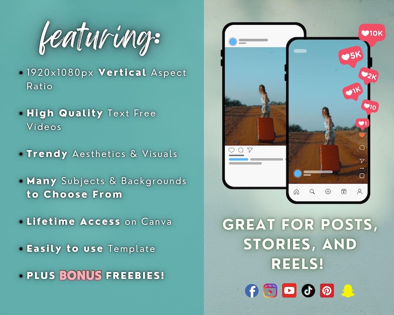 May include: A teal graphic with the word "featuring" in a script font. Bullet points list features like a 1920x1080px vertical aspect ratio, high-quality text-free videos, and trendy visuals. Two phone mockups show a person with a suitcase. Text reads "Great for posts, stories, and reels!"