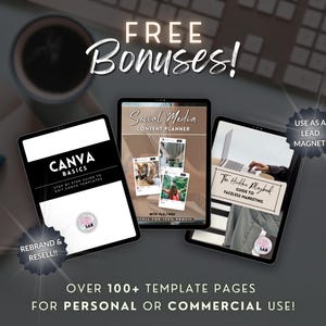 K&ouml;nnte beinhalten: Das Bild zeigt drei Tablets mit digitalen Marketing-Leitf&auml;den. Die Tablets zeigen die Titel "Canva Basics", "Social Media Content Planner" und "The Hidden Playbook". Text enth&auml;lt "Free Bonuses!", "Rebrand & Resell!!" und "Use as a Lead Magnet!". Das Bild zeigt auch "Over 100+ Template Pages for Personal or Commercial Use!"