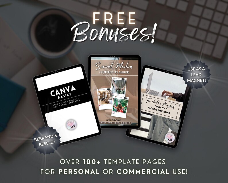 K&ouml;nnte beinhalten: Das Bild zeigt drei Tablets mit digitalen Marketing-Leitf&auml;den. Die Tablets zeigen die Titel "Canva Basics", "Social Media Content Planner" und "The Hidden Playbook". Text enth&auml;lt "Free Bonuses!", "Rebrand & Resell!!" und "Use as a Lead Magnet!". Das Bild zeigt auch "Over 100+ Template Pages for Personal or Commercial Use!"