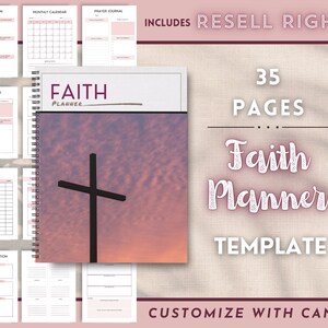 Pu&ograve; includere: Un modello di planner digitale con uno schema di colori rosa e bianco. La copertina presenta una silhouette di una croce contro un cielo al tramonto. Il testo "FAITH PLANNER" &egrave; visualizzato sulla copertina. Il testo "35 PAGES" e "Faith Planner TEMPLATE" &egrave; visualizzato sul lato destro dell'immagine. Il testo "CUSTOMIZE WITH CANVA" &egrave; visualizzato nella parte inferiore dell'immagine.