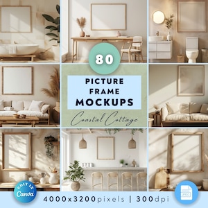 May include: 80 Coastal Cottage Picture Frame Mockups.  A collection of 80 digital photo frame mockups featuring various rooms in a coastal cottage style home.  The mockups are 4000 x 3200 pixels and 300 dpi.