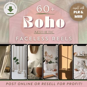 Puede incluir: Una lista de productos digitales para más de 60 carretes estéticos boho sin rostro. La imagen muestra cinco pantallas de teléfono diferentes que muestran diferentes escenas de diseño de interiores con una paleta de colores cálidos y naturales.