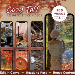 Op de afbeelding: Esthetische stockvideo's met een gezellig herfstthema, weergegeven op smartphones. De afbeelding toont verschillende herfstscènes, waaronder pompoenen, herfstbladeren en een persoon die een konijn vasthoudt. Tekst bevat "Cozy Fall", "Aesthetic Stock Videos" en "500 Videos".
