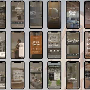 May include: A collage of 16 phone screens displaying real estate listings and advice for home buyers. The screens feature images of properties, text overlays, and graphics. Some of the text includes "Just Listed", "Open House", "Home Buyer", and "First-time buyer?"
