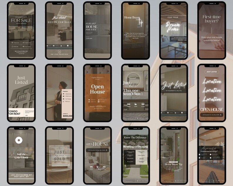 May include: A collage of 16 phone screens displaying real estate listings and advice for home buyers. The screens feature images of properties, text overlays, and graphics. Some of the text includes "Just Listed", "Open House", "Home Buyer", and "First-time buyer?"